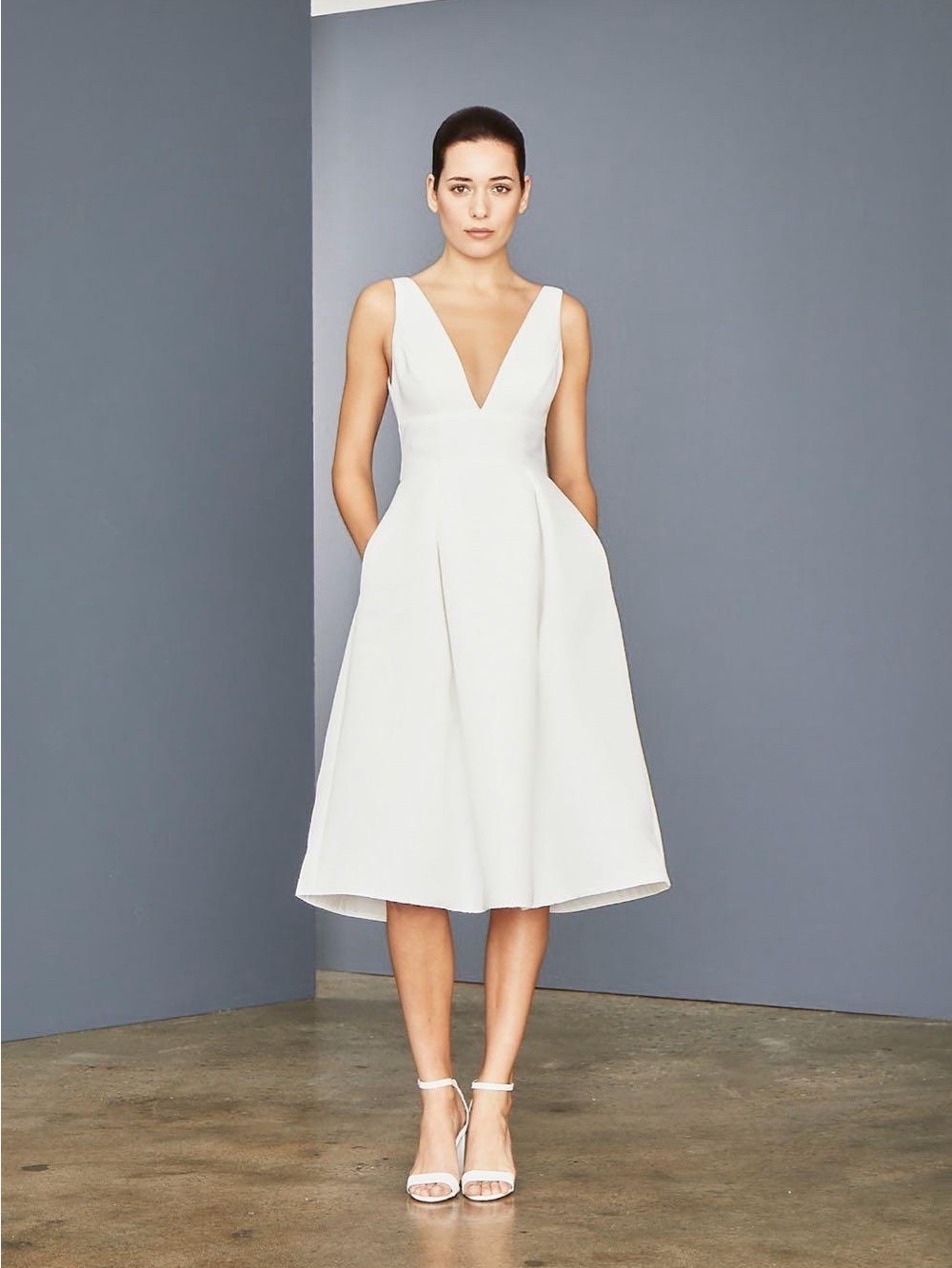 Amsale White V-Neck Midi Dress